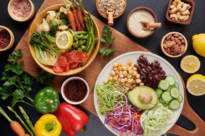 Vegan protein source. Buddha bowl dish, avocado, pepper, tomato,